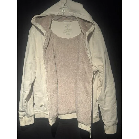 LL Bean Women’s XL Faux Fur Lined Full Zip Hoodie Off White Pockets Retro Y2K - Picture 5 of 7